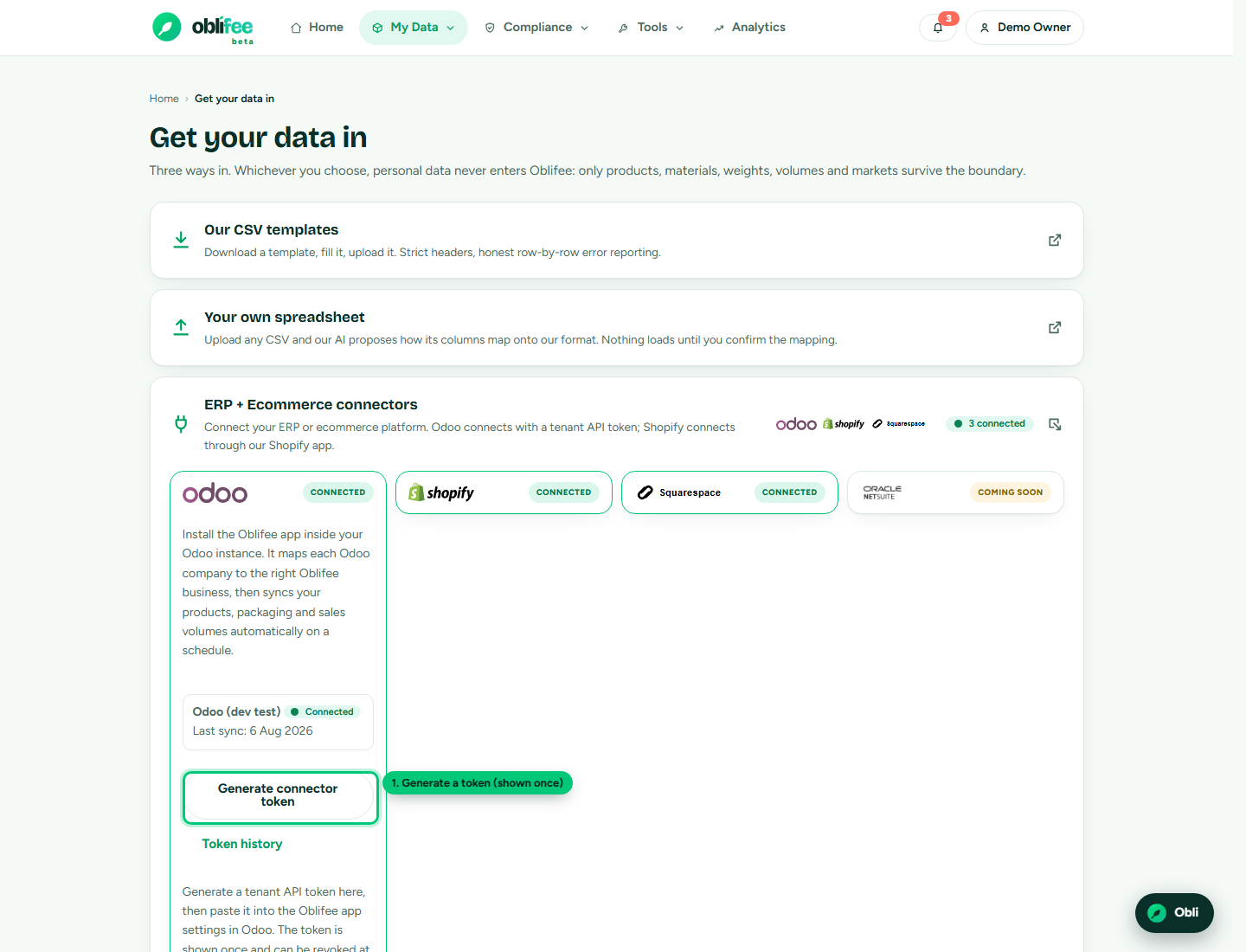 The ERP connector entry in the Oblifee import centre with the new-token action and token history