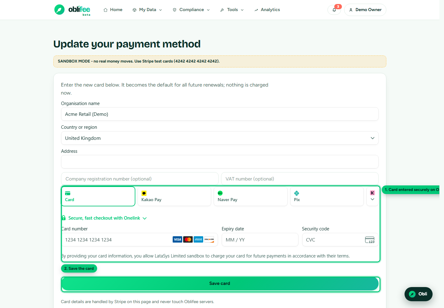 The add-card page with the address fields and the Stripe card form embedded on Oblifee's own page