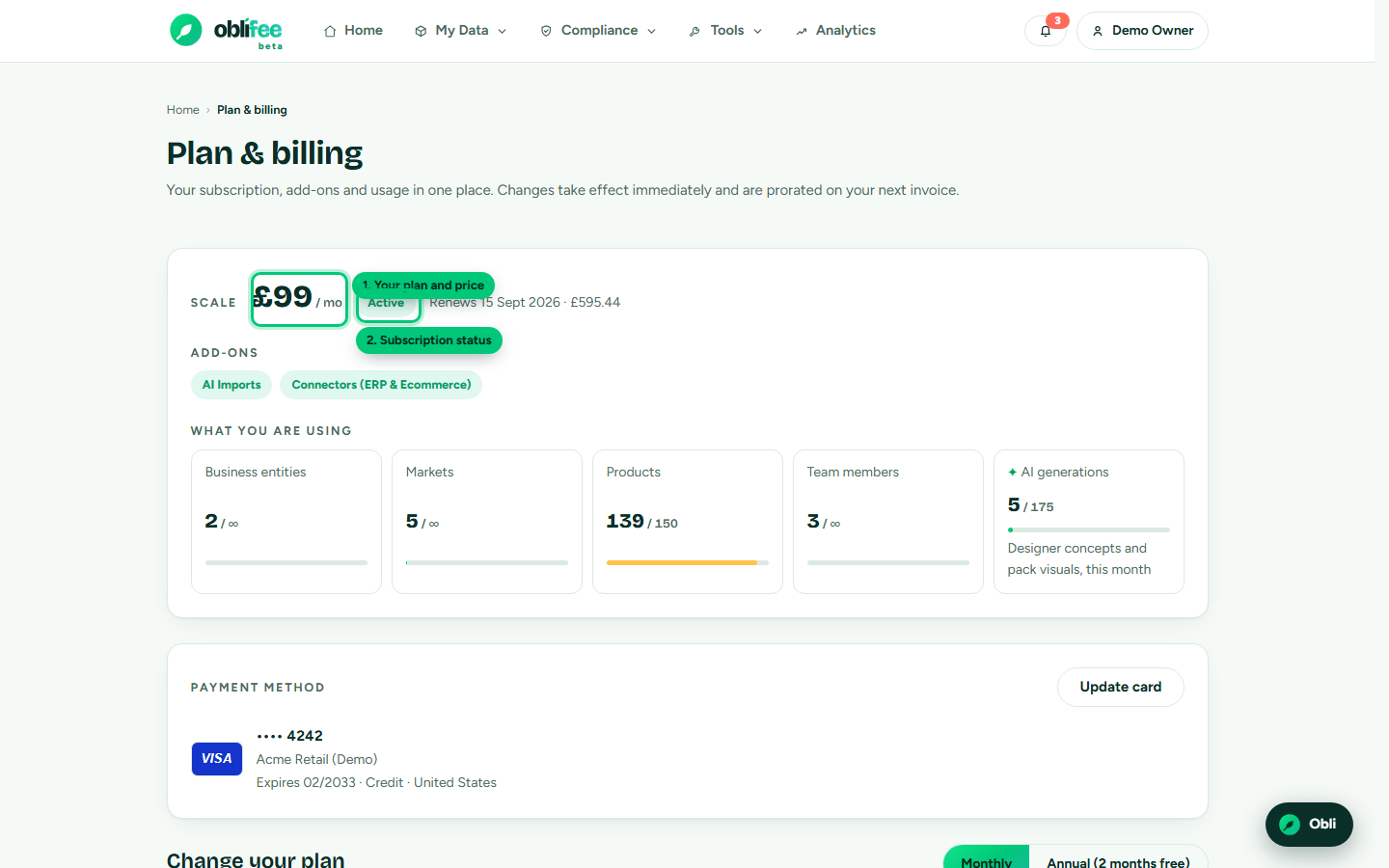 The current-plan card on the Billing page showing plan, price, status and add-ons