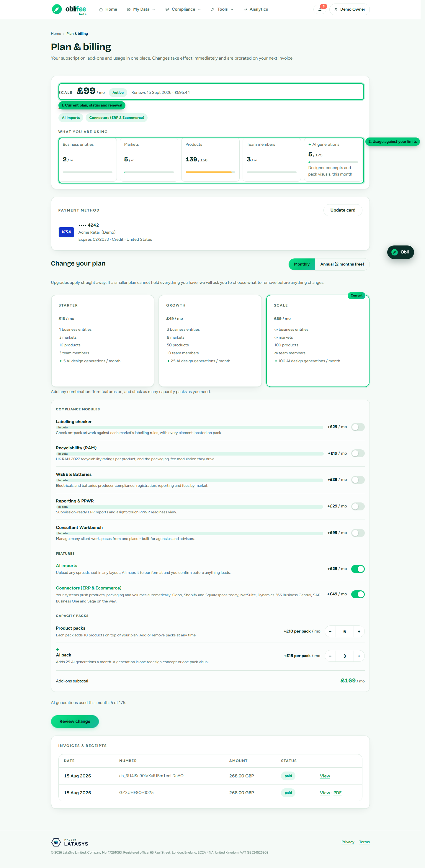 The Billing page showing current plan, usage meters, card on file and the change-plan form