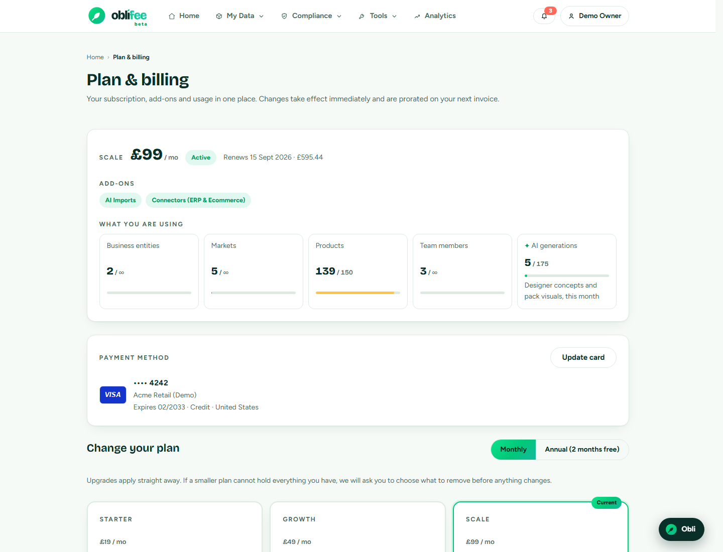 The compliance module add-ons listed with their monthly prices and toggles