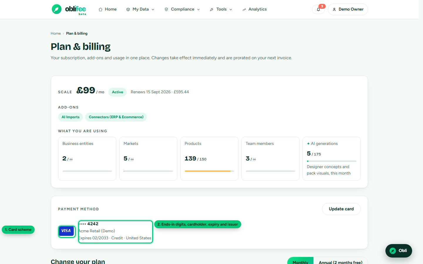 The saved-card summary showing the card scheme logo, last four digits, cardholder name, expiry, funding type and issuing country