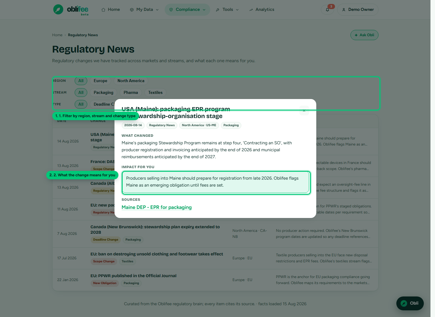 The News page showing region, stream and change-type filters above a table of regulatory changes