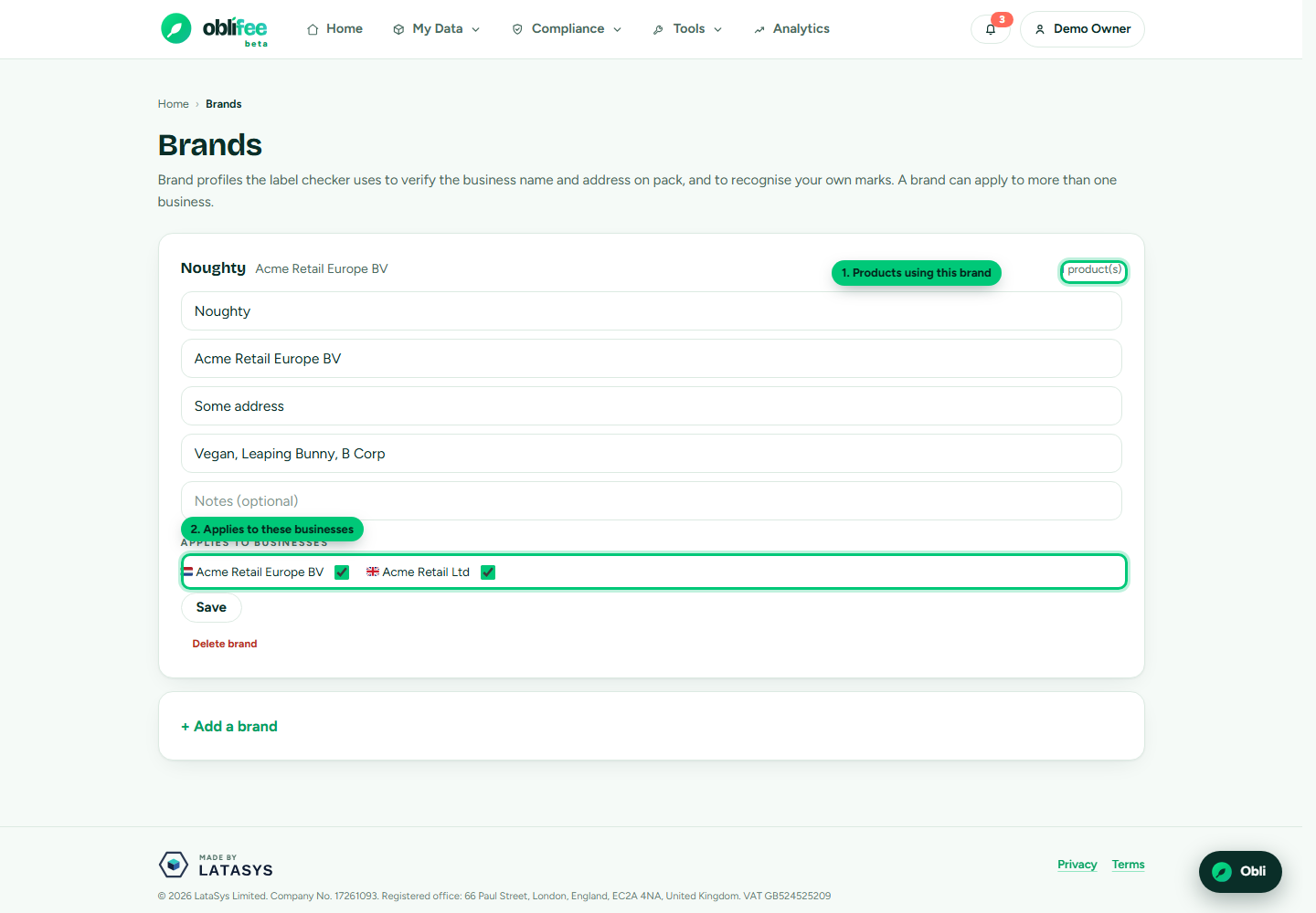 The Brands page listing brands with their details and the businesses they apply to