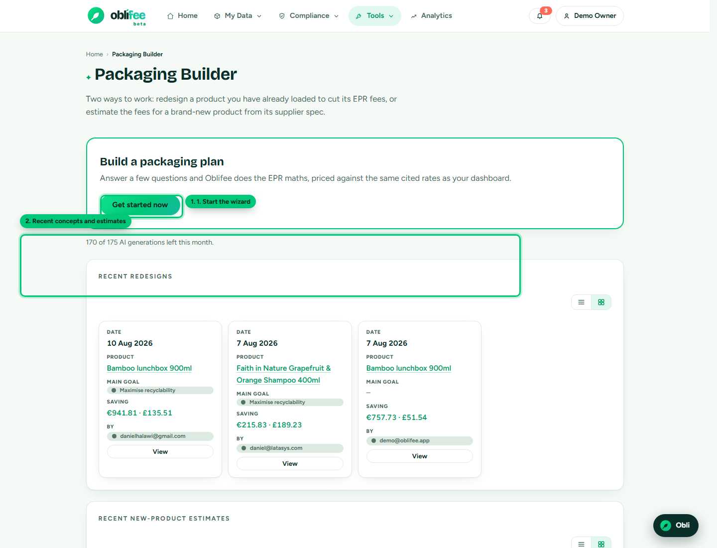 The Packaging Builder home with the get-started wizard and lists of recent concepts and estimates
