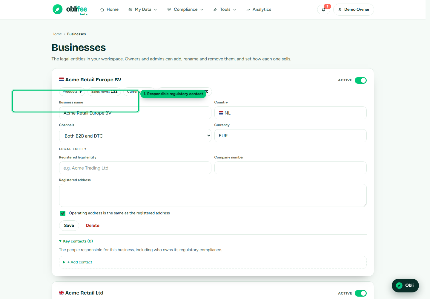 The key contacts section of a business expanded, showing contacts and the add form