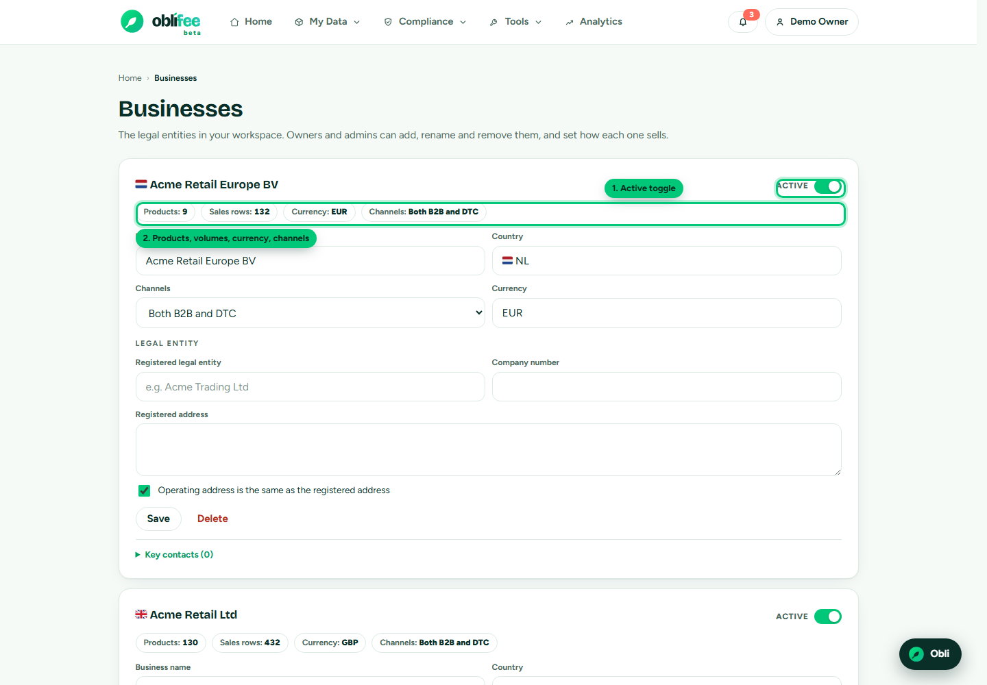 The Businesses page listing each business with its details and an add form