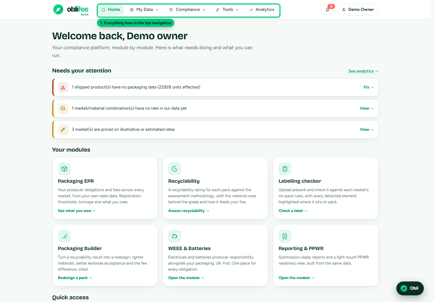 The Oblifee dashboard showing compliance position, alerts and next actions