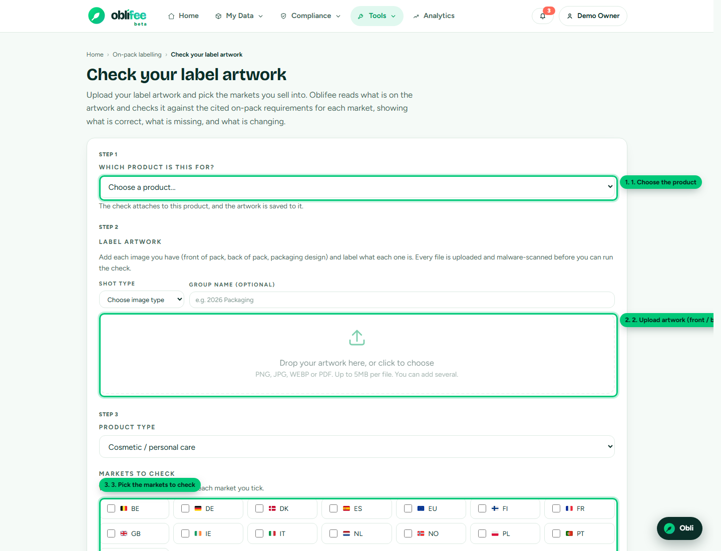 The labelling check form with steps to choose a product, upload artwork, and pick a product type and markets