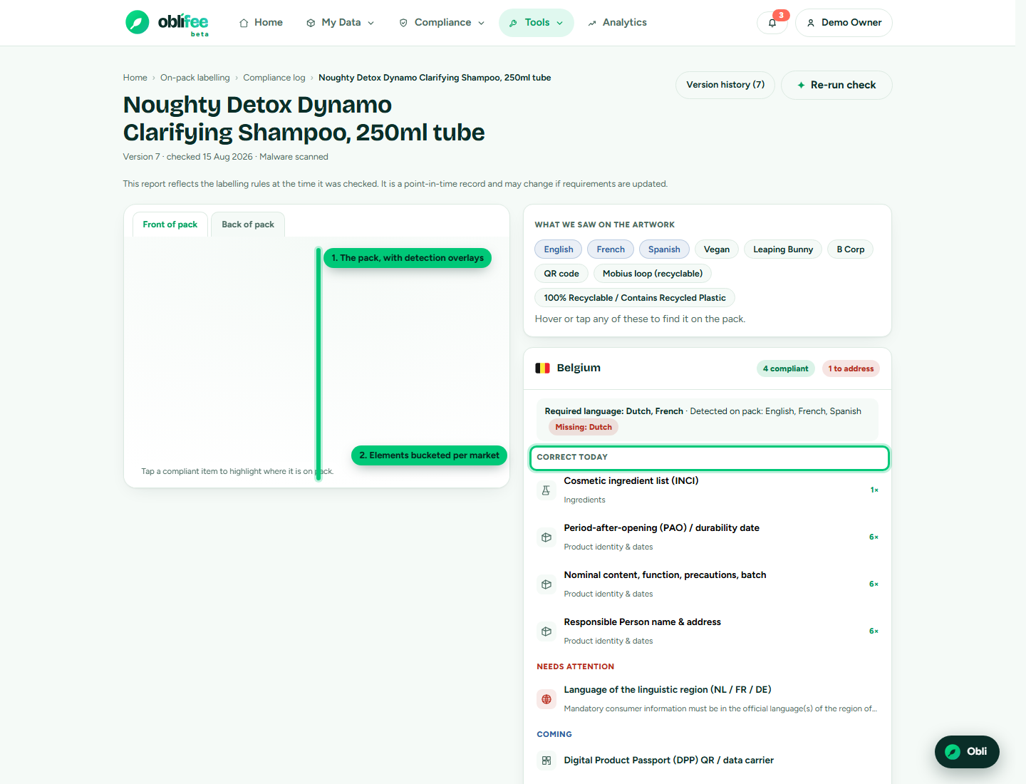 A labelling check result with the pack artwork and detection overlays on the left and per-market element buckets on the right
