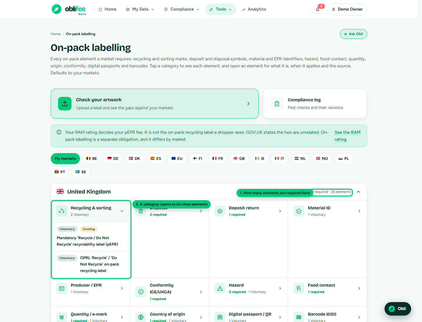The labelling requirements explorer showing a market with categories of on-pack elements as icon-led cards