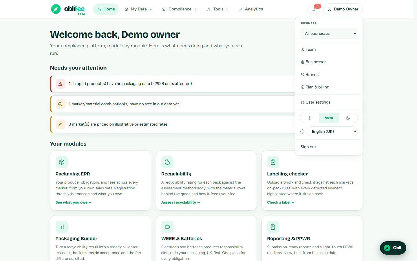 The user menu open, showing workspace, team, settings and theme controls
