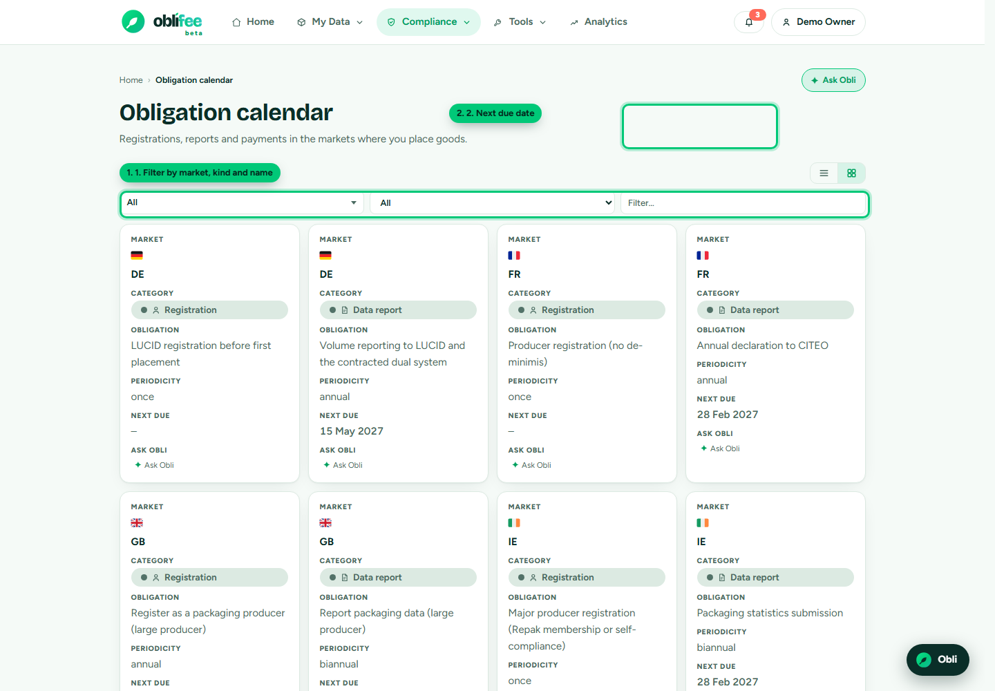 The obligations explorer table filtered by market, kind and name