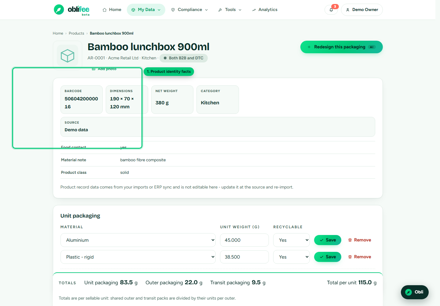 The product page showing the photo, identity facts and brand selector