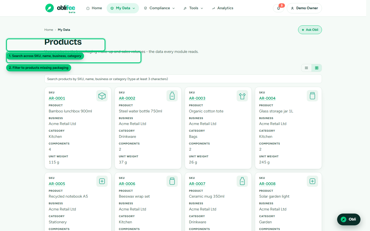 The products screen listing products with SKU, name, business, component count and packaging weight
