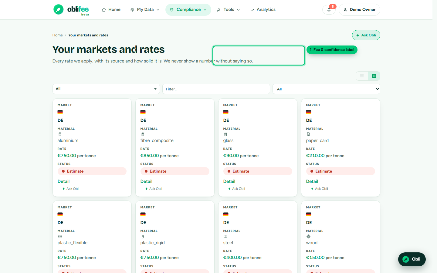 The markets screen showing per-market rates and fees
