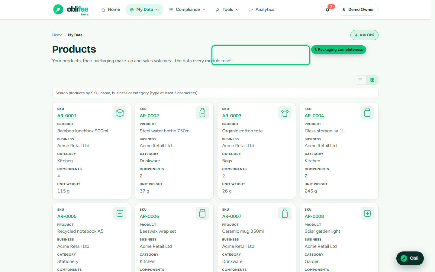 The products list with a few products and their packaging status