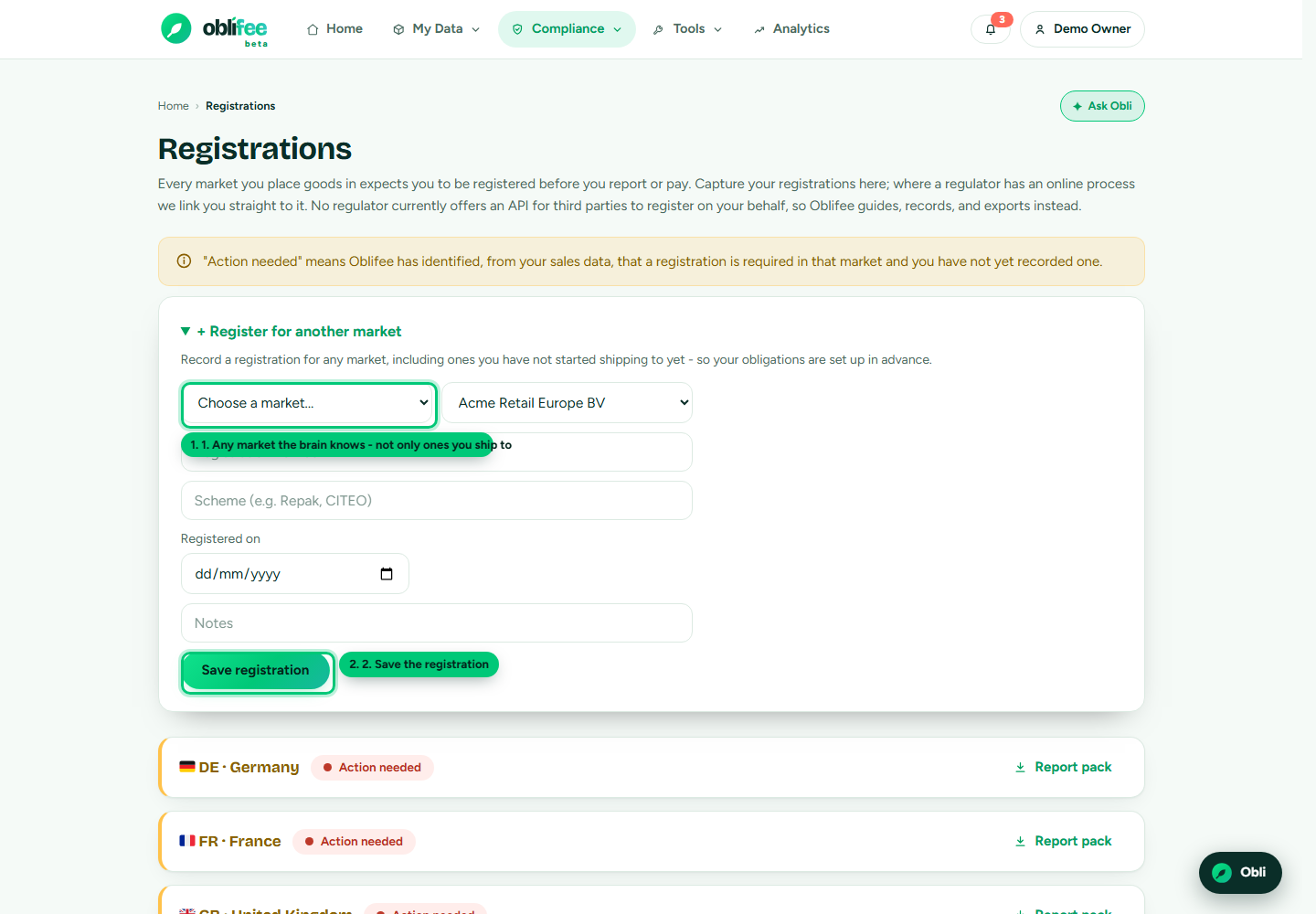 The registrations page with the add-manually form expanded, showing the market, business and registration fields