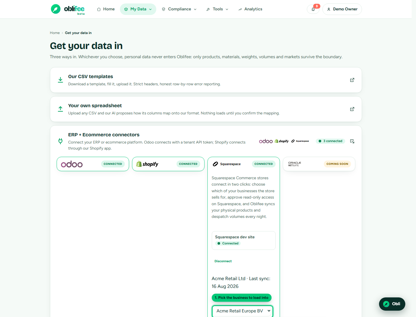 The Squarespace entry in the Oblifee connectors panel, with a business selector and connect button