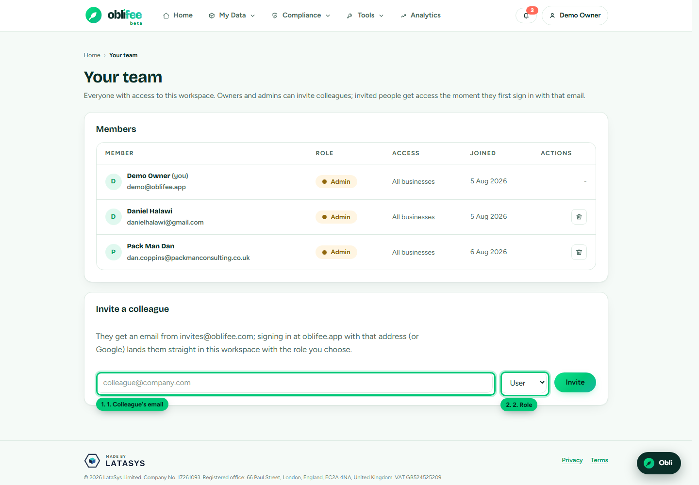 The invite form and the list of pending invitations