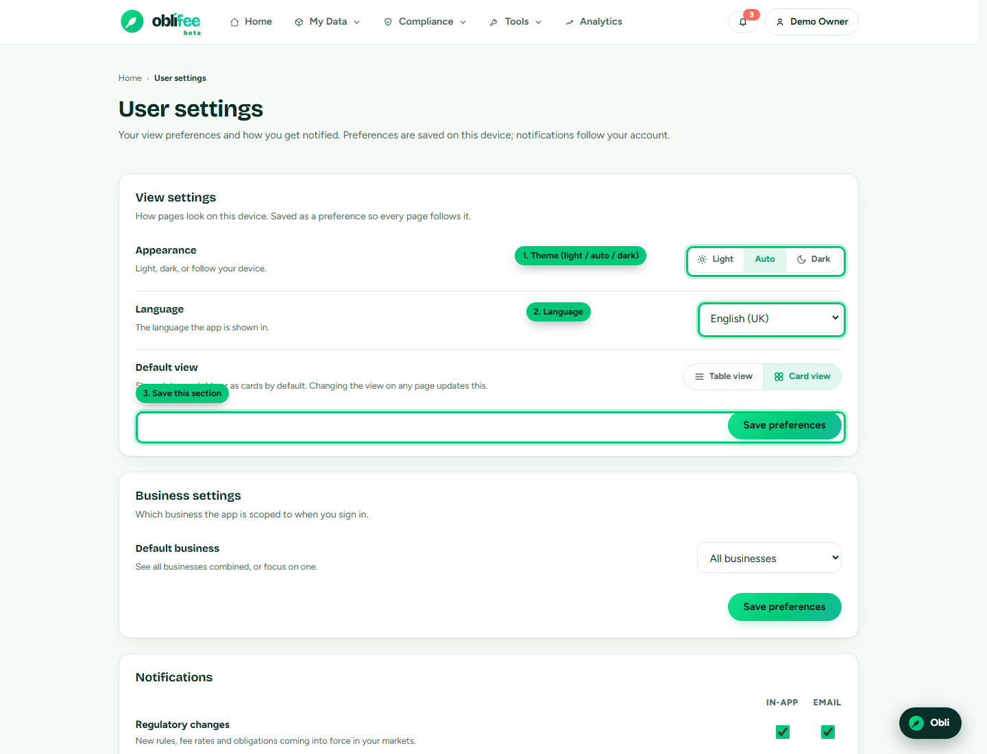 The User Settings page showing the View settings card with theme, language and default view