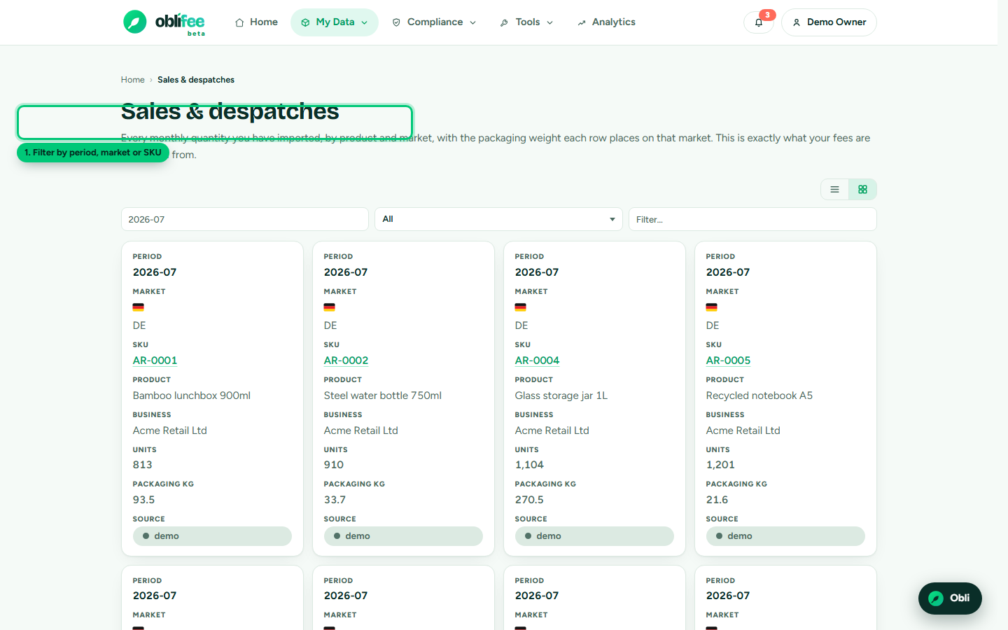 The volumes screen listing period, market, SKU, quantity and packaging weight per row