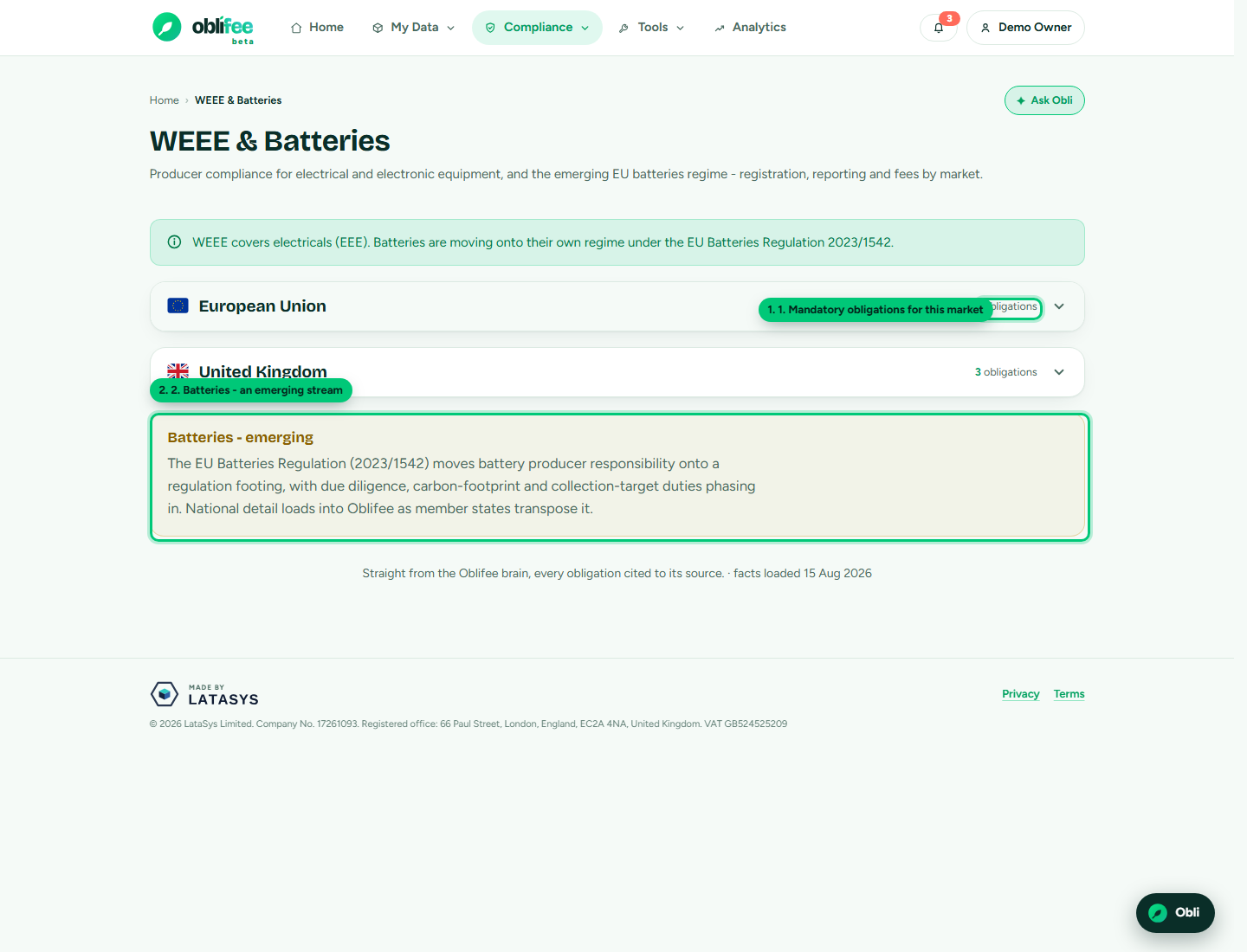 The WEEE & batteries page showing markets, each expandable to its producer obligations