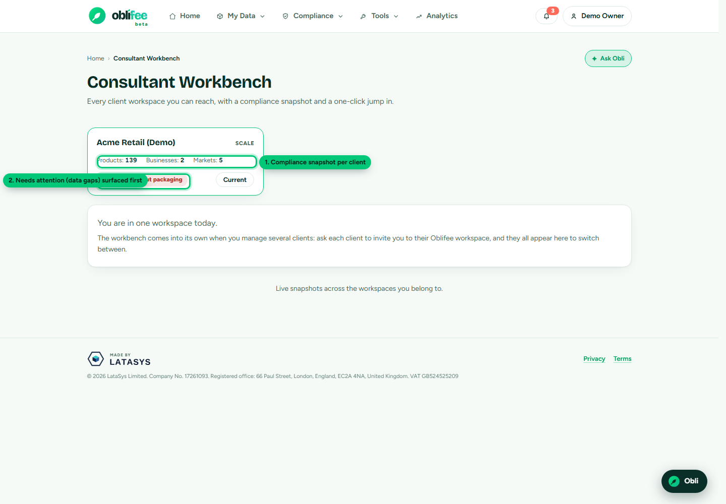 The Consultant Workbench showing a grid of client workspace cards, each with a compliance snapshot and an open button