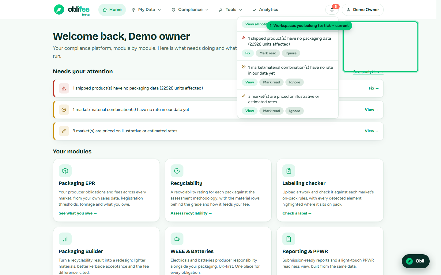 The workspace switcher open in the top bar, listing the workspaces a user can reach